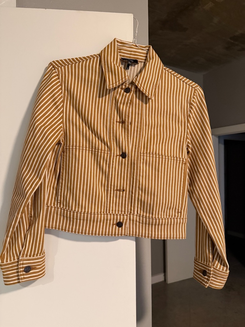 Striped Tan & White Cropped Jean Jacket - Women